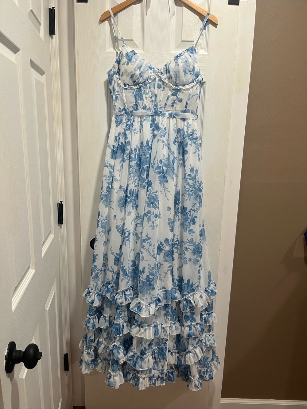 Blue and White Floral Ruffle Strap Dress for Girls